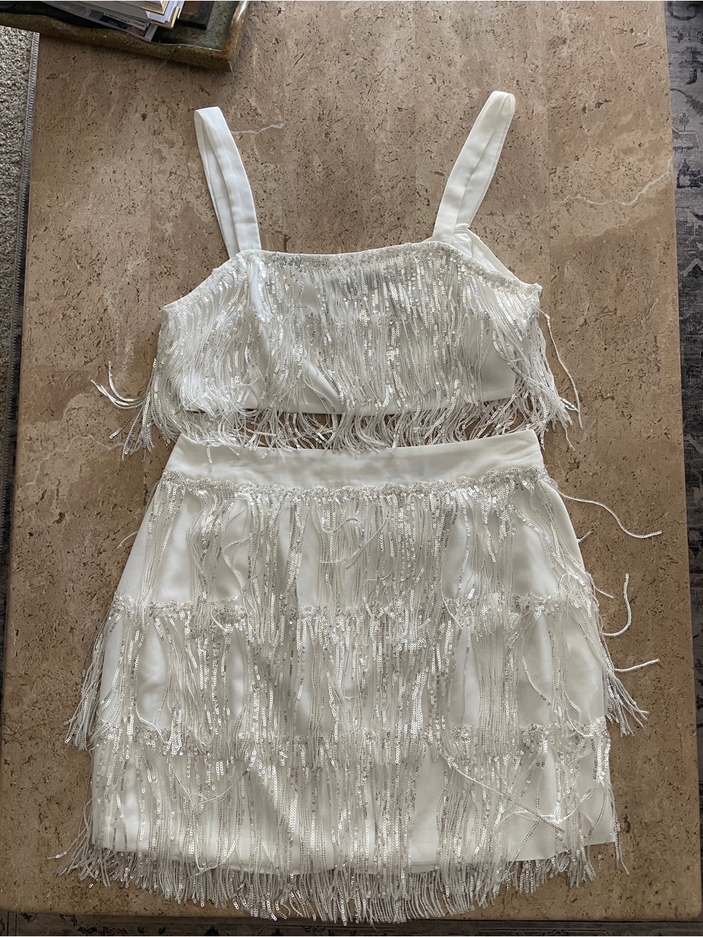 White Beaded Fringe Mini Dress Set